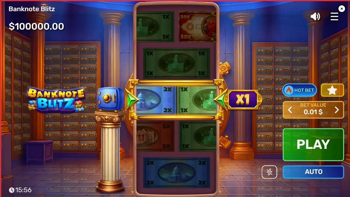 Interface do jogo Banknote Blitz com elementos de cofre e notas bancárias